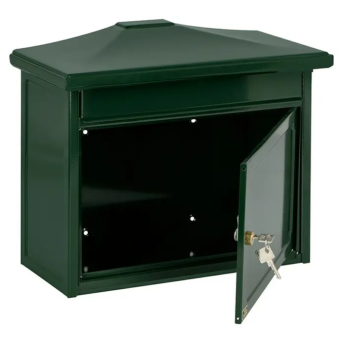 Burg-Wächter Wandbriefkasten Kopenhagen 882 - L x B x H: 20,5 x 41 x 34,5 cm, Grün, Stahl, Öffnungsstopp - Grüner Briefkasten mit geöffneter Tür und Schlüssel. Das Produkt ist ideal zur sicheren Aufbewahrung Ihrer Post.