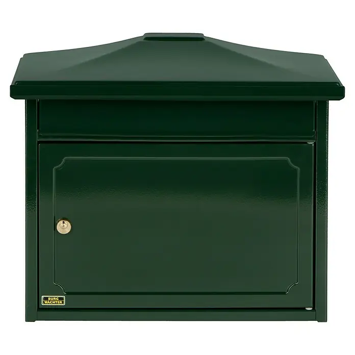 Burg-Wächter Wandbriefkasten Kopenhagen 882 - L x B x H: 20,5 x 41 x 34,5 cm, Grün, Stahl, Öffnungsstopp - Ein detailreiches Bild eines grünen Briefkastens mit Schloss, ideal für den sicheren Empfang Ihrer Post.