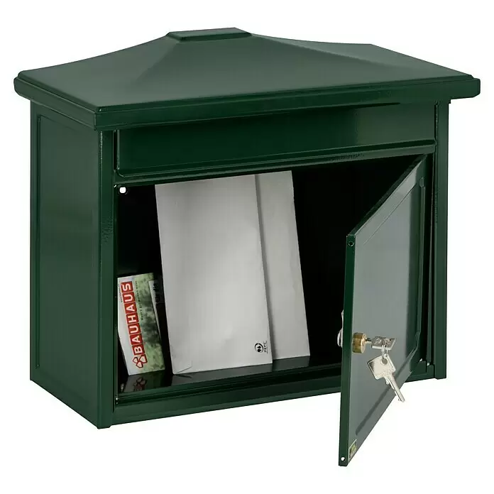 Burg-Wächter Wandbriefkasten Kopenhagen 882 - L x B x H: 20,5 x 41 x 34,5 cm, Grün, Stahl, Öffnungsstopp - Dunkelgrüner Metall-Briefkasten mit geöffneter Tür, Post im Inneren und Schlüssel im Schloss.