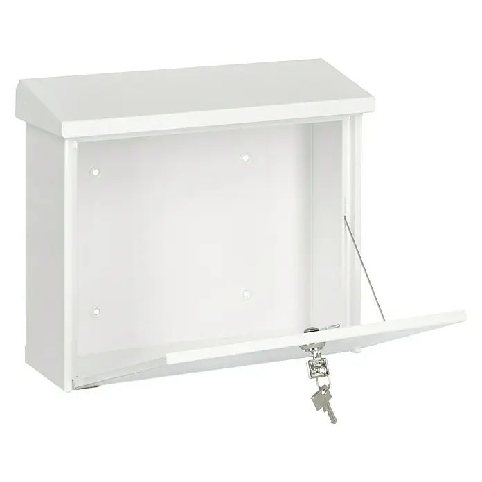 Burg-Wächter Wandbriefkasten Comfort 913 - L x B x H: 38 x 14,8 x 34 cm, Weiß, Stahl, Öffnungsstopp - Weißer Briefkasten mit Schloss und Schlüssel, offen präsentiert, um die Innenausstattung zu zeigen. Ideal für sicheren Empfang von Post.