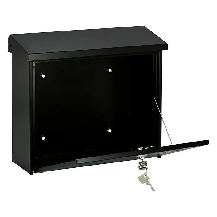 Burg-Wächter Wandbriefkasten Comfort 913 - L x B x H: 38 x 14,8 x 34 cm, Schwarz, Stahl, Öffnungsstopp - Schwarzer abschließbarer Briefkasten mit geöffneter Tür und Schlüssel, ideal für sicheren Postempfang. Praktisch und zuverlässig.