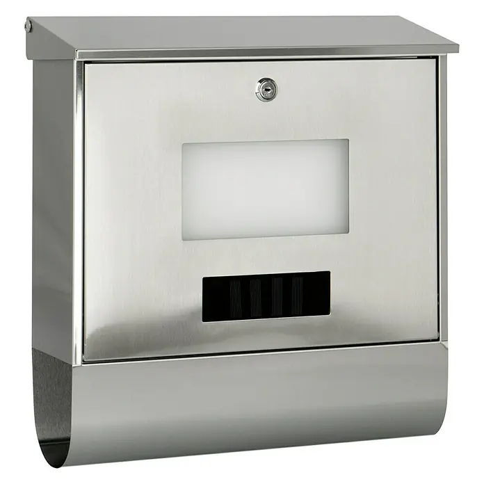 Portaferm Wandbriefkasten Solar - L x B x H: 12 x 38,5 x 41 cm, Silber, Edelstahl, Zeitungsfach - Ein moderner Edelstahlbriefkasten mit Schloss und Sichtfenster. Ideal für den stilvollen Empfang Ihrer Post.