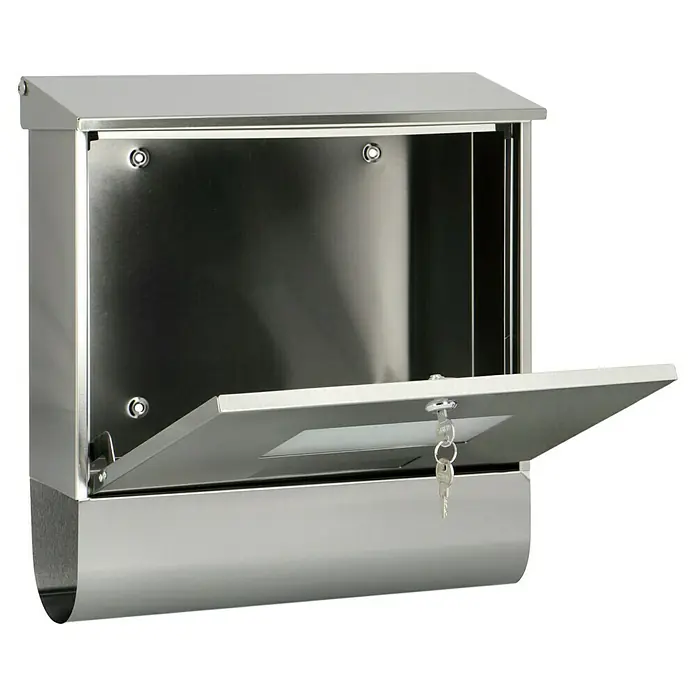Portaferm Wandbriefkasten Solar - L x B x H: 12 x 38,5 x 41 cm, Silber, Edelstahl, Zeitungsfach - Metallbriefkasten mit Schlüssel, geöffnet. Der Briefkasten ist aus hochwertigem, robustem Material gefertigt und bietet ausreichend Platz für Post.