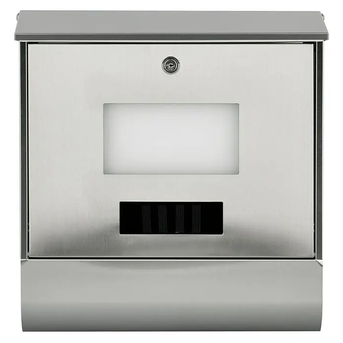 Portaferm Wandbriefkasten Solar - L x B x H: 12 x 38,5 x 41 cm, Silber, Edelstahl, Zeitungsfach - Bild einer modernen Edelstahl-Briefkastenanlage mit Schloss, Einwurfschlitz und Sichtfenster.