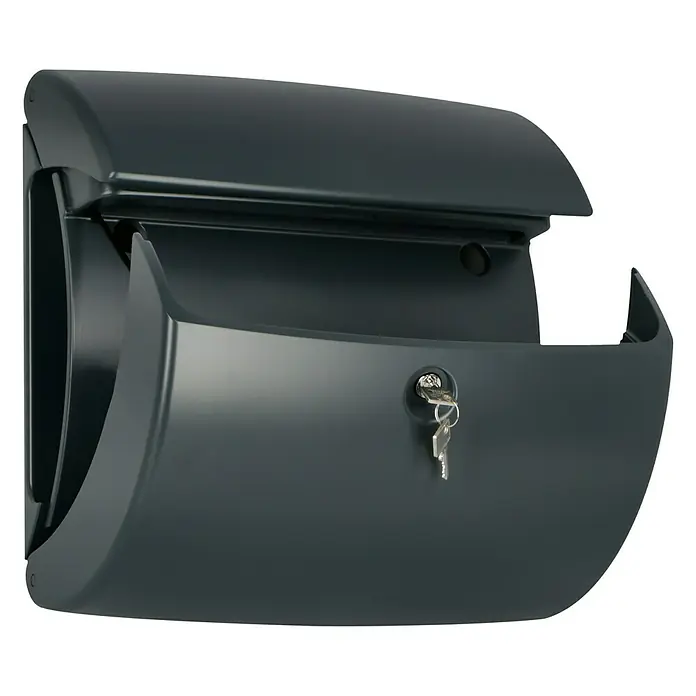 Burg-Wächter Wandbriefkasten Pearl 886 - L x B x H: 17,8 x 38 x 40 cm, Granit, Kunststoff, Zeitungsfach - Eine graue, abschließbare Wandbriefkasten mit Schlüsseln, die im Schloss stecken, um die Sicherheit der Post zu gewährleisten.