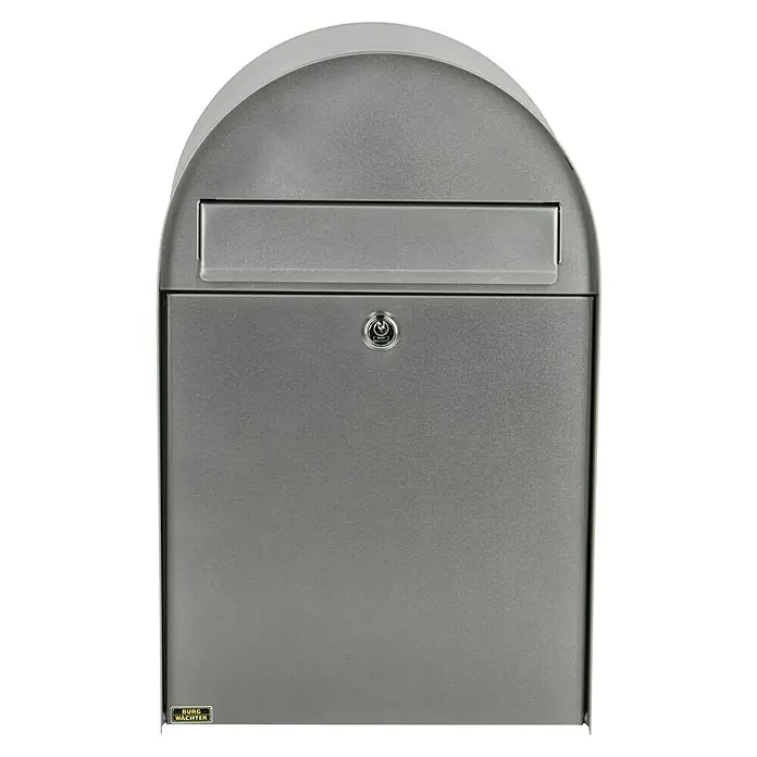 Burg-Wächter Wandbriefkasten Nordic 3680 - L x B x H: 30 x 22,2 x 47,5 cm, Silber, Edelstahl, Öffnungsstopp - Ein silberner Burg Wächter Briefkasten mit einem Briefeinwurfschlitz und einem Schloss. Das Produkt ist hochwertig und sicher.