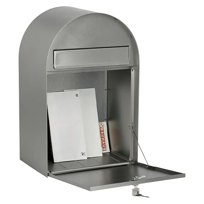 Burg-Wächter Wandbriefkasten Nordic 3680 - L x B x H: 30 x 22,2 x 47,5 cm, Silber, Edelstahl, Öffnungsstopp - Ein silberner Briefkasten mit gewölbter Oberseite und geöffneter Tür, gefüllt mit Briefen. Sichere Aufbewahrung für Ihre Post.