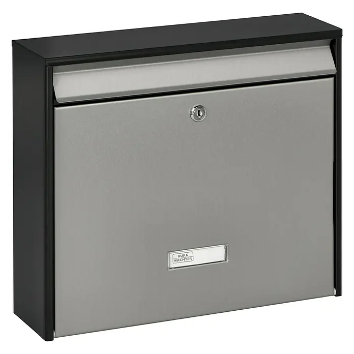 Burg-Wächter Wandbriefkasten Oxford - L x B x H: 10 x 36,2 x 32,2 cm, Schwarz, Silber, Stahl, Öffnungsstopp - Ein stilvoller, anthrazitfarbener BURG-WÄCHTER Briefkasten mit silberner Klappe und Schloss, perfekt für jedes Zuhause.