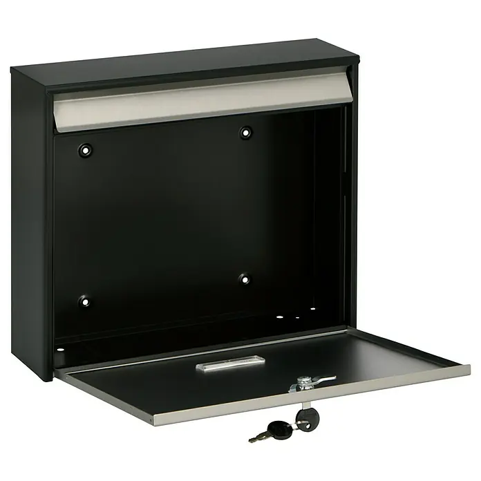 Burg-Wächter Wandbriefkasten Oxford - L x B x H: 10 x 36,2 x 32,2 cm, Schwarz, Silber, Stahl, Öffnungsstopp - Nahaufnahme eines geöffneten, schwarzen Briefkastens mit Schlüsseln. Ideal für sicheren Postempfang.