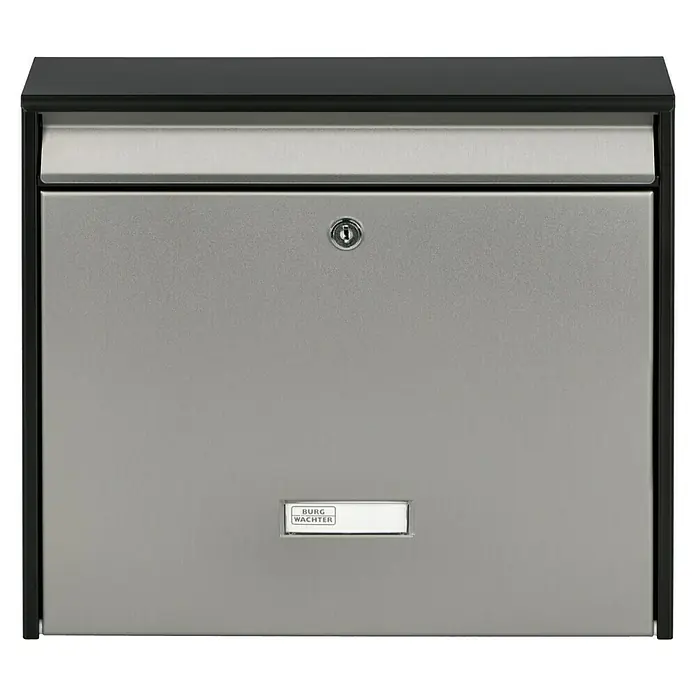 Burg-Wächter Wandbriefkasten Oxford - L x B x H: 10 x 36,2 x 32,2 cm, Schwarz, Silber, Stahl, Öffnungsstopp - Bild eines Briefkastens der Marke Burg Wächter. Der Briefkasten ist aus Metall und hat eine schwarze Oberseite.