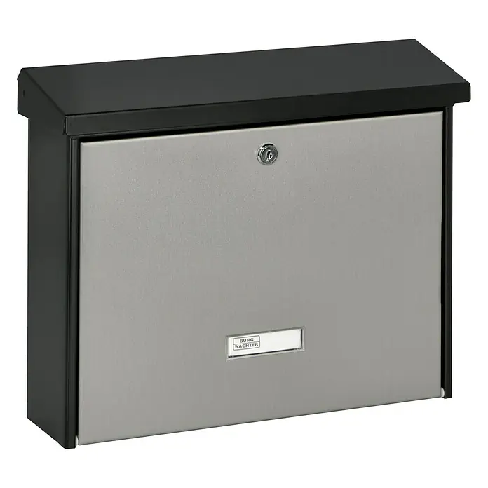 Burg-Wächter Wandbriefkasten London 6767 B+S - L x B x H: 11,5 x 37,7 x 32 cm, Schwarz/Edelstahl, Stahl - Nahaufnahme eines Burg Wächter Briefkastens in Anthrazit und Silber. Elegantes Design für den Außenbereich mit Schloss und Beschriftungsfeld.