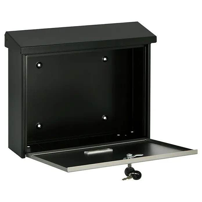 Burg-Wächter Wandbriefkasten London 6767 B+S - L x B x H: 11,5 x 37,7 x 32 cm, Schwarz/Edelstahl, Stahl - Abgebildeter, offener, abschließbarer schwarzer Briefkasten. Ideal für sicheren Empfang wichtiger Post und Dokumente.