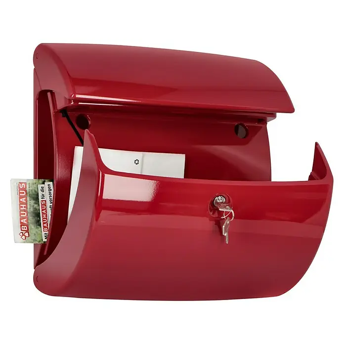 Burg-Wächter Wandbriefkasten Piano 886 - L x B x H: 38 x 17,8 x 40 cm, Merlot, Kunststoff, Zeitungsfach - Ein roter Briefkasten mit Werbematerialien von Bauhaus, der ein modernes Design und Funktionalität vereint.