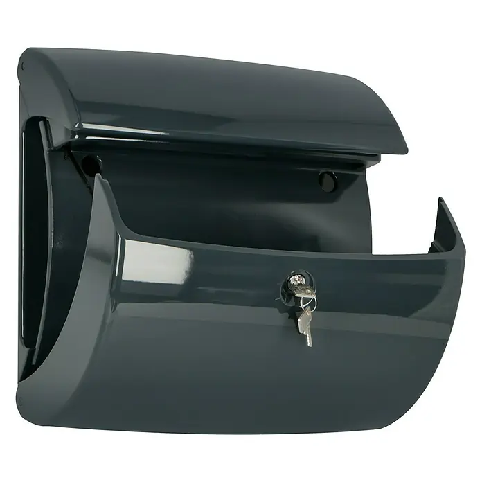 Burg-Wächter Wandbriefkasten Piano 886 - L x B x H: 38 x 17,8 x 40 cm, Granit, Kunststoff, Zeitungsfach - Nahaufnahme eines abschließbaren, grauen Briefkastens mit Schlüssel, der einen sicheren Empfang von Post gewährleistet.