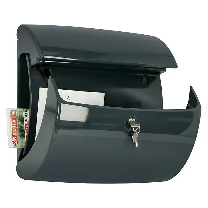 Burg-Wächter Wandbriefkasten Piano 886 - L x B x H: 38 x 17,8 x 40 cm, Granit, Kunststoff, Zeitungsfach - Dunkelgrauer, glänzender Metallbriefkasten mit Post und Schlüsseln im Schloss.