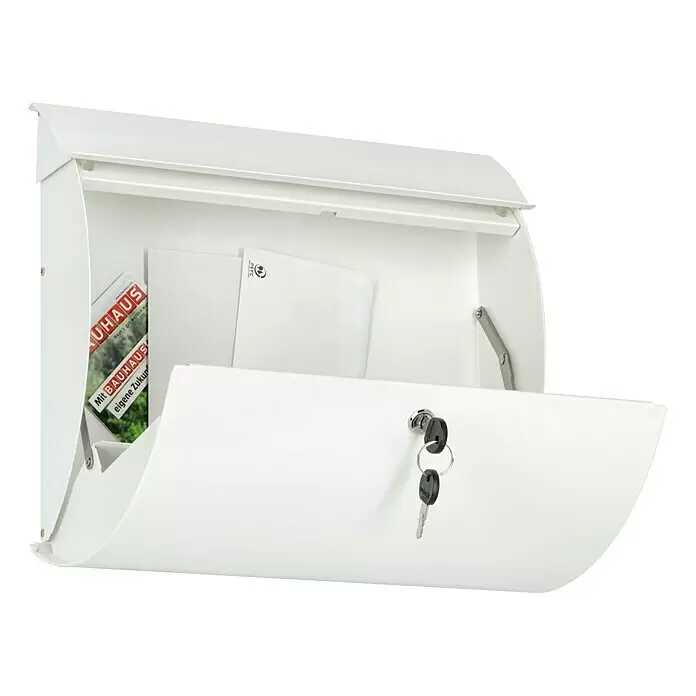 Burg-Wächter Wandbriefkasten Toscana 856 - L x B x H: 10,6 x 37,6 x 33 cm, Weiß, Stahl, Öffnungsstopp - Weißer Briefkasten, geöffnet, mit Briefen und Schlüsseln am Schloss.