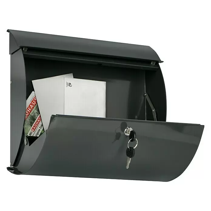 Burg-Wächter Wandbriefkasten Toscana 856 - L x B x H: 10,6 x 37,6 x 33 cm, Anthrazit, Stahl, Öffnungsstopp - Dunkelgrauer Briefkasten, teilweise geöffnet, mit Post und Schlüsseln im Schloss.