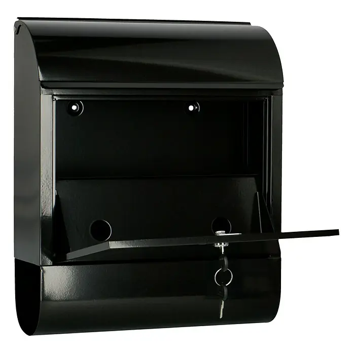 Burg-Wächter Wandbriefkasten Scandic - L x B x H: 12,5 x 38 x 46 cm, Schwarz, Stahl, Zeitungsfach - Eine schwarze, abschließbare Briefkastenfrontansicht mit Schlüssel, die robust und wetterfest ist. Ideal für sichere Postzustellung.