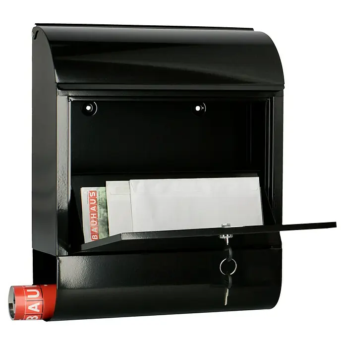 Burg-Wächter Wandbriefkasten Scandic - L x B x H: 12,5 x 38 x 46 cm, Schwarz, Stahl, Zeitungsfach - Ein schwarzer Briefkasten mit einer Zeitung und Briefen darin, der mit einem Schlüssel geöffnet wird.