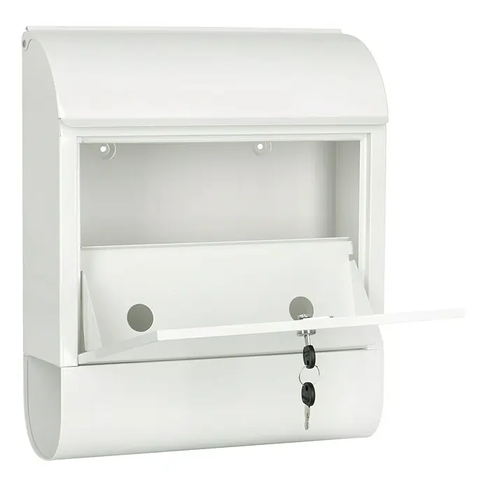 Burg-Wächter Wandbriefkasten Scandic - L x B x H: 12,5 x 38 x 46 cm, Weiß, Stahl, Zeitungsfach - Weißer Briefkasten mit Schloss und Schlüssel, offen dargestellt, um die Konstruktion und das Fach zu zeigen.