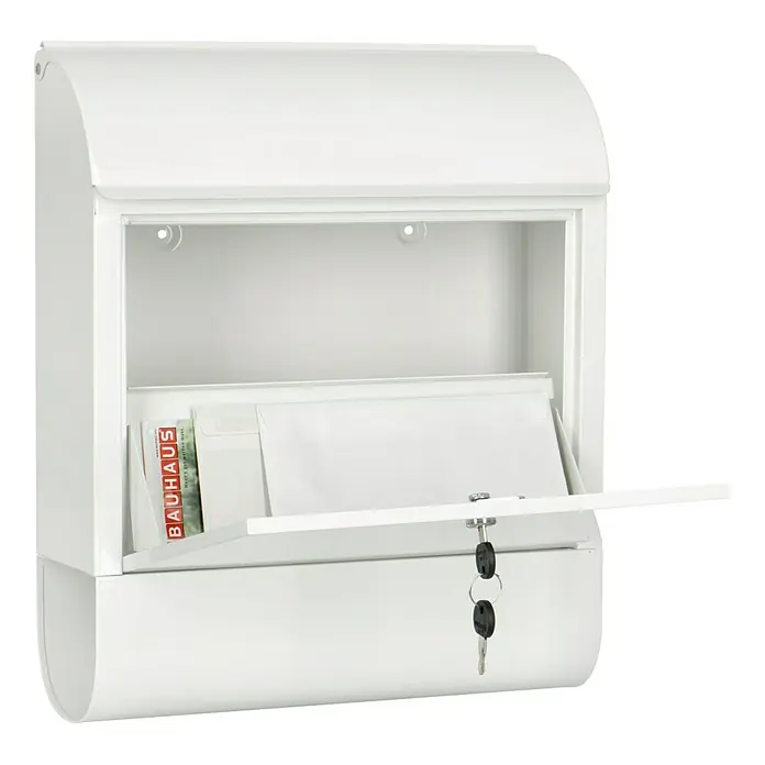 Burg-Wächter Wandbriefkasten Scandic - L x B x H: 12,5 x 38 x 46 cm, Weiß, Stahl, Zeitungsfach - Abgebildeter weißer Briefkasten mit Zeitschriften.
