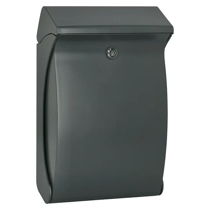 Burg-Wächter Wandbriefkasten Swing - L x B x H: 27,1 x 12,9 x 41,9 cm, Anthrazit, Kunststoff, Öffnungsstopp - Nahaufnahme eines grauen Briefkastens mit Schloss. Der schlichte, moderne Briefkasten ist ideal für den Außenbereich.