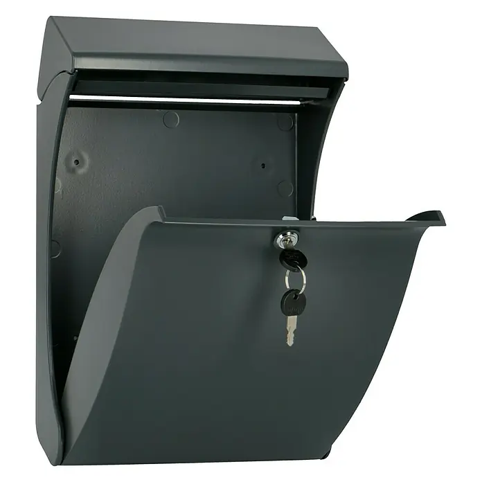 Burg-Wächter Wandbriefkasten Swing - L x B x H: 27,1 x 12,9 x 41,9 cm, Anthrazit, Kunststoff, Öffnungsstopp - Geöffneter grauer Briefkasten mit Schlüsseln. Ideal für sicheren Empfang von Post und kleinen Paketen. Wetterfest und abschließbar.