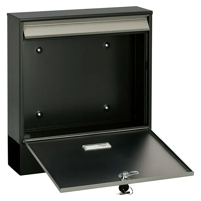 Burg-Wächter Wandbriefkasten Oxford - L x B x H: 10 x 36,2 x 40,3 cm, Schwarz, Silber, Stahl, Zeitungsfach - Detailansicht eines schwarzen Wandbriefkastens mit offenem Fach und Schloss. Ideal für den Außenbereich, robust und sicher.