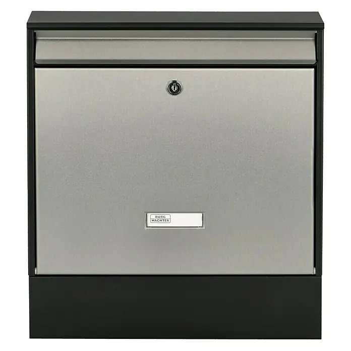 Burg-Wächter Wandbriefkasten Oxford - L x B x H: 10 x 36,2 x 40,3 cm, Schwarz, Silber, Stahl, Zeitungsfach - Bild eines Burg Wächter Briefkastens aus Edelstahl mit einem schwarzen Rahmen. Ideal für den Außenbereich, um Post sicher zu empfangen.