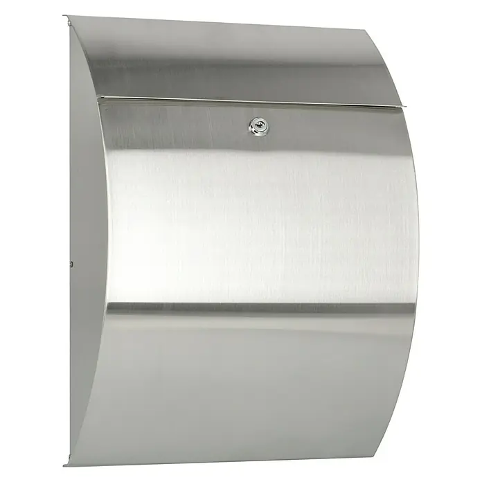Burg-Wächter Wandbriefkasten Riviera - L x B x H: 13 cm x 33,5 cm x 460 mm, Edelstahl, Edelstahl, Öffnungsstopp - Nahaufnahme eines modernen Edelstahl-Briefkastens mit Schloss.