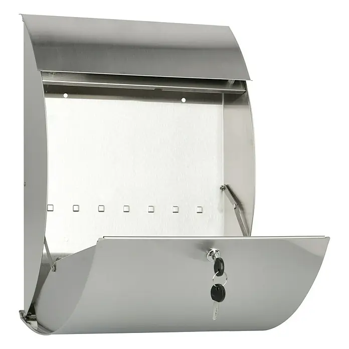 Burg-Wächter Wandbriefkasten Riviera - L x B x H: 13 cm x 33,5 cm x 460 mm, Edelstahl, Edelstahl, Öffnungsstopp - Offener, silberner Briefkasten mit Schlüssel. Robuster und sicherer Briefkasten für den Außenbereich.