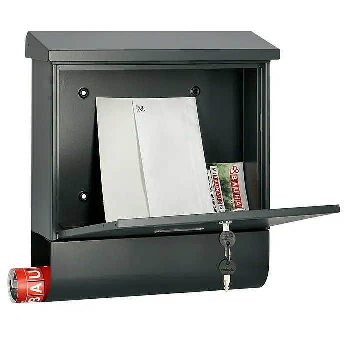 Burg-Wächter Wandbriefkasten Nordland - L x B x H: 11,5 x 38 x 42,5 cm, Anthrazit, Stahl, Zeitungsfach - Grauer Briefkasten mit Schlüssel und Briefen, ideal für den Empfang wichtiger Postsendungen.