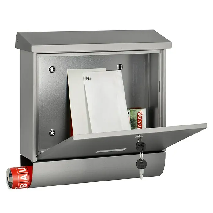 Burg-Wächter Wandbriefkasten Inoxstar - L x B x H: 11,5 x 38 x 39,5 cm, Silber, Edelstahl, Zeitungsfach - Ein geöffneter, silberfarbener Briefkasten zeigt Briefe und eine Zeitung. Der Briefkasten verfügt über ein integriertes Zeitungsfach für tägliche Nachrichten.