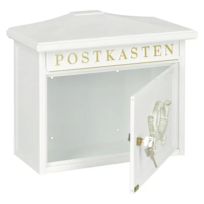 Burg-Wächter Wandbriefkasten Sylt - L x B x H: 20,5 x 41 x 34,5 cm, Weiß, Stahl - Ein weißer Briefkasten mit der Aufschrift "Postkasten" und geöffneter Tür, an der ein Schloss und Schlüssel hängen.