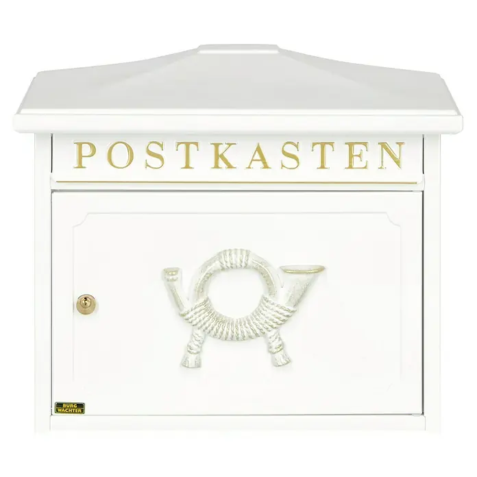 Burg-Wächter Wandbriefkasten Sylt - L x B x H: 20,5 x 41 x 34,5 cm, Weiß, Stahl - Elegantes Postkasten-Design in Weiß mit goldenen Akzenten. Praktisch und stilvoll für jeden Hauseingang.