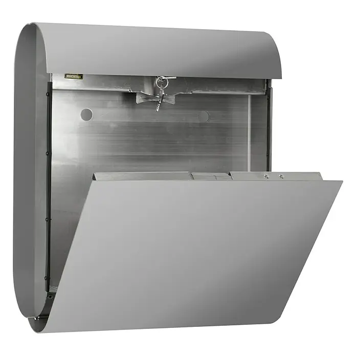 Burg-Wächter Wandbriefkasten Cosmo - L x B x H: 16,4 x 37 x 43,7 cm, Edelstahl, Edelstahl, Zeitungsfach - Grauer Briefkasten mit offenem Fach zur einfachen Entnahme von Post. Robustes Design für den Außenbereich.