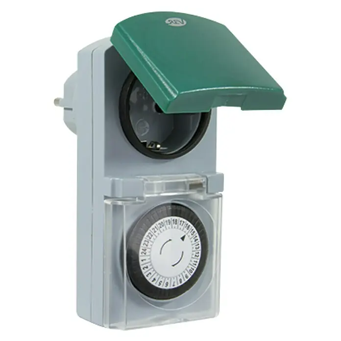 Temporizador para exterior - Mecánico, Gris / Verde, 3.500 W - Temporizador de exterior con tapa protectora y ajuste de tiempo para tiempos de conmutación individuales.