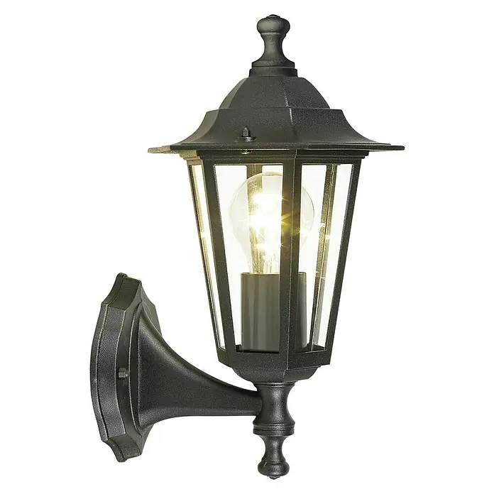 Eglo Laterna 4 Außenwandleuchte - 60 W, Schwarz, Klar, IP44, Aufwärts - Eine schwarze Wandleuchte im klassischen Laternenstil, die ein warmes, einladendes Licht ausstrahlt und eine stilvolle Außenbeleuchtung bietet.