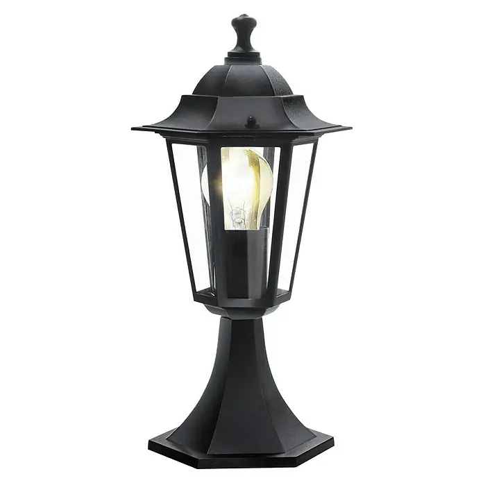Eglo Laterna 4 Außenleuchte - 60 W, Farbe Gehäuse: Schwarz, 19,5 x 38,5 cm, Ohne Leuchtmittel - Nahaufnahme einer eleganten schwarzen Gartenlaterne mit einer warm leuchtenden Glühbirne im Inneren.