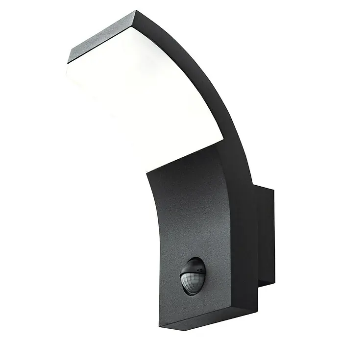 Starlux LED-Sensor-Außenwandleuchte Vincenza - 7 W, L x B x H: 122 x 84 x 190 mm, Silbergrau, Opal, Warmweiß - Moderne LED-Außenwandleuchte mit Bewegungsmelder. Die Lampe ist schwarz und hat eine gebogene Form mit einem hellen, weißen Lichtpaneel.