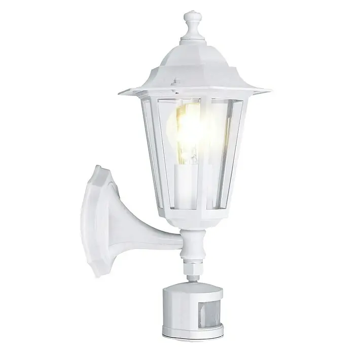 Eglo Laterna 5 Sensor-Außenleuchte - 60 W, Weiß, IP44 - Eine Nahaufnahme einer weißen Außenwandleuchte mit Bewegungsmelder und einer traditionellen Laternenform.