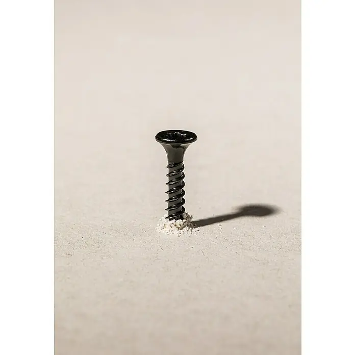 Probau Schnellbauschraube SpeedSpinDurchmesser: 3,9 mm, Länge: 25 mm, 1.000 Stk., Feingewinde - Nahaufnahme einer einzelnen schwarzen Trockenbauschraube, die in eine Oberfläche eingeschraubt ist und einen leichten Schatten wirft.