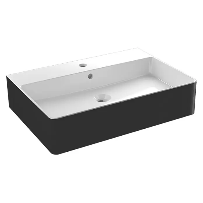 Camargue Waschtisch Miami Twice - 60,5 x 42 cm, Ohne Spezialglasur, Hahnloch: Mitte, Mit Überlauf, Schwarz - Elegantes Aufsatzwaschbecken in rechteckiger Form, grau außen und weiß innen. Moderne Badgestaltung für stilvolle Bäder.