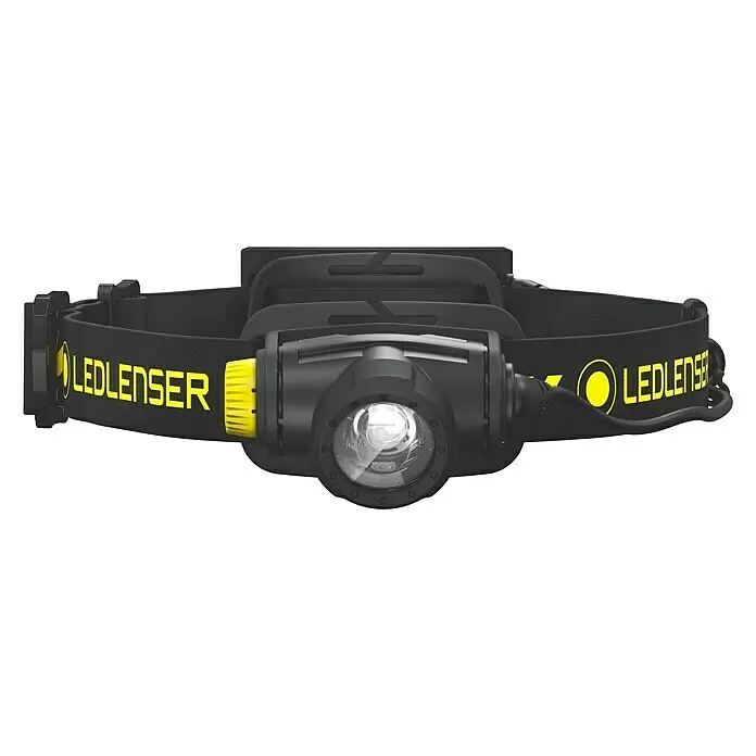 Ledlenser Linterna frontal H5R Work - 15 lm - 500 lm, IP67 - Linterna frontal LEDLENSER negra con detalles amarillos y correa, para iluminación manos libres.