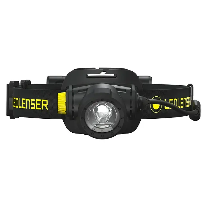 Ledlenser Linterna frontal H7R Work - 15 lm - 1.000 lm, IP67 - Primer plano de una linterna frontal Ledlenser con un toque amarillo, conocida por su luminosidad y diseño ergonómico.