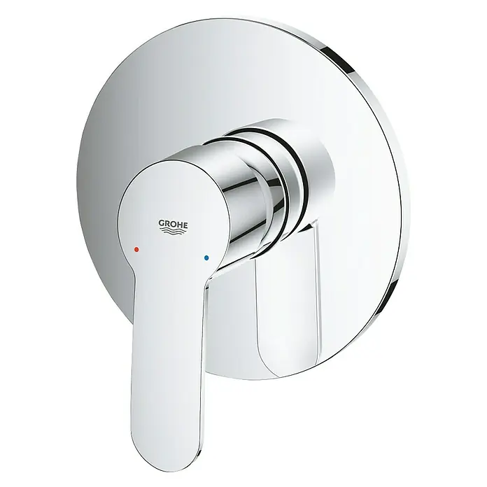 Grohe Eurostyle Cosmopolitan UP-Brausearmatur - Chrom, Glänzend - Nahaufnahme eines glänzenden, runden Grohe-Einhebelmischers mit Temperaturanzeige auf schwarzem Hintergrund.