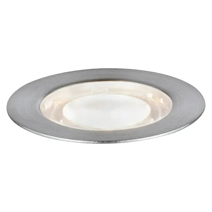 Paulmann Bodeneinbauleuchten-Basis-Set Link & Light - 0,8 W, Silber, IP67 - Nahaufnahme einer runden LED-Einbauleuchte mit gebürstetem Metallrahmen, die ein warmes, weiches Licht ausstrahlt.