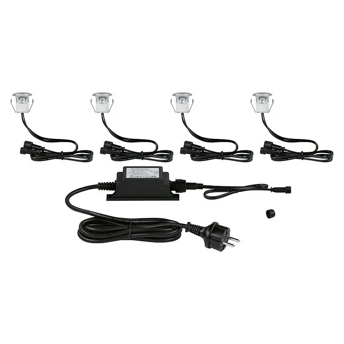 Paulmann Link & Light Bodeneinbauleuchte - 0,6 W, Silber - Das Bild zeigt ein Set von vier LED-Bodeneinbaustrahlern mit einem Netzteil und einem Stecker für den Anschluss an das Stromnetz.