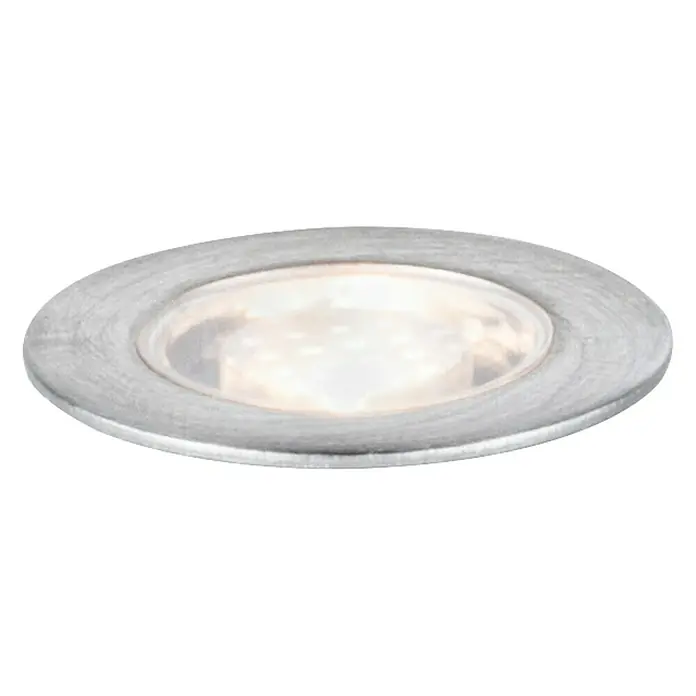 Paulmann Bodeneinbauleuchte Link & Light - 0,5 W, Silber - Nahaufnahme eines eingelassenen LED-Deckenspots mit gebürsteter Metallfassung, der warmes Licht ausstrahlt.
