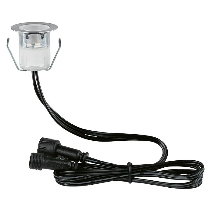 Paulmann Link & Light Bodeneinbauleuchte - 0,6 W, Silber - Nahaufnahme einer LED-Bodeneinbauleuchte mit Kabel und Steckverbindern, ideal für die Außenbeleuchtung.